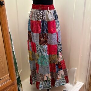 Boho Patchwork Freesize Maxi Skirt with Red elastic Waistband